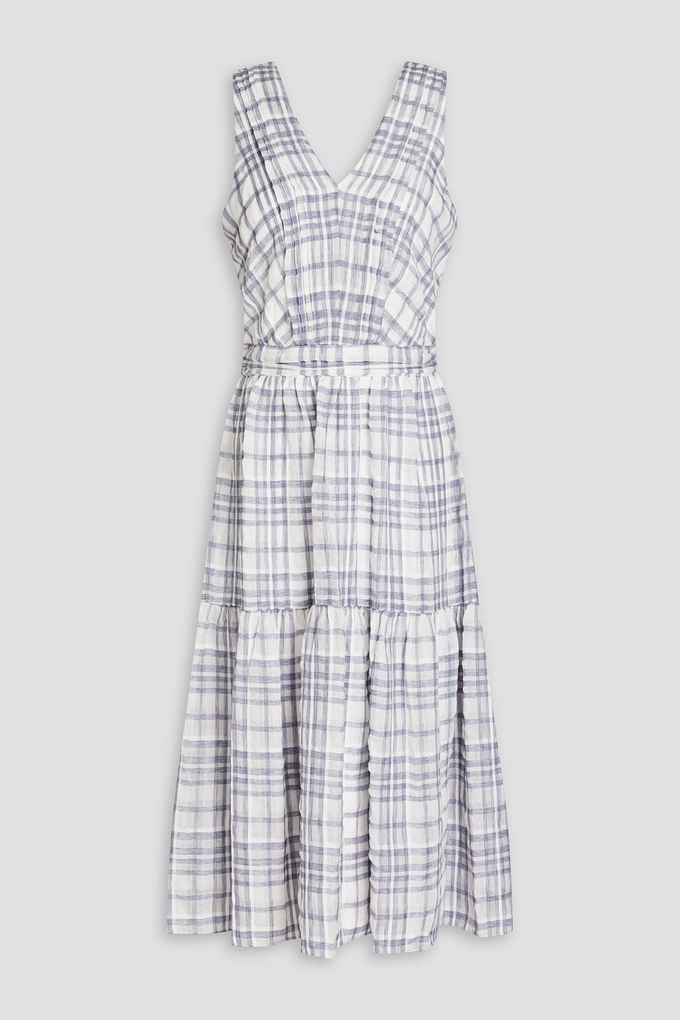 Pleated checked seersucker midi dress