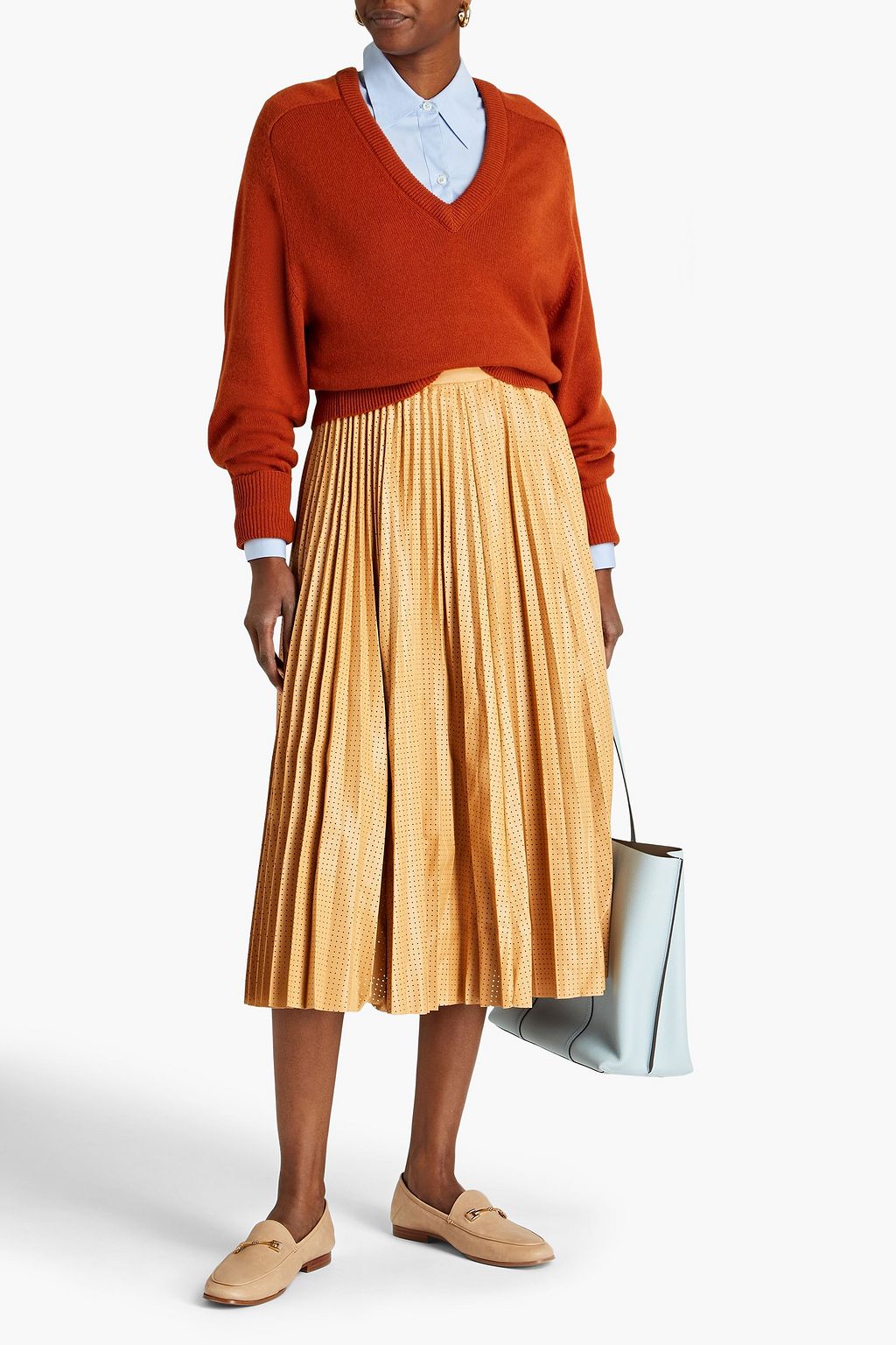 TOD'S Pleated perforated leather midi skirt