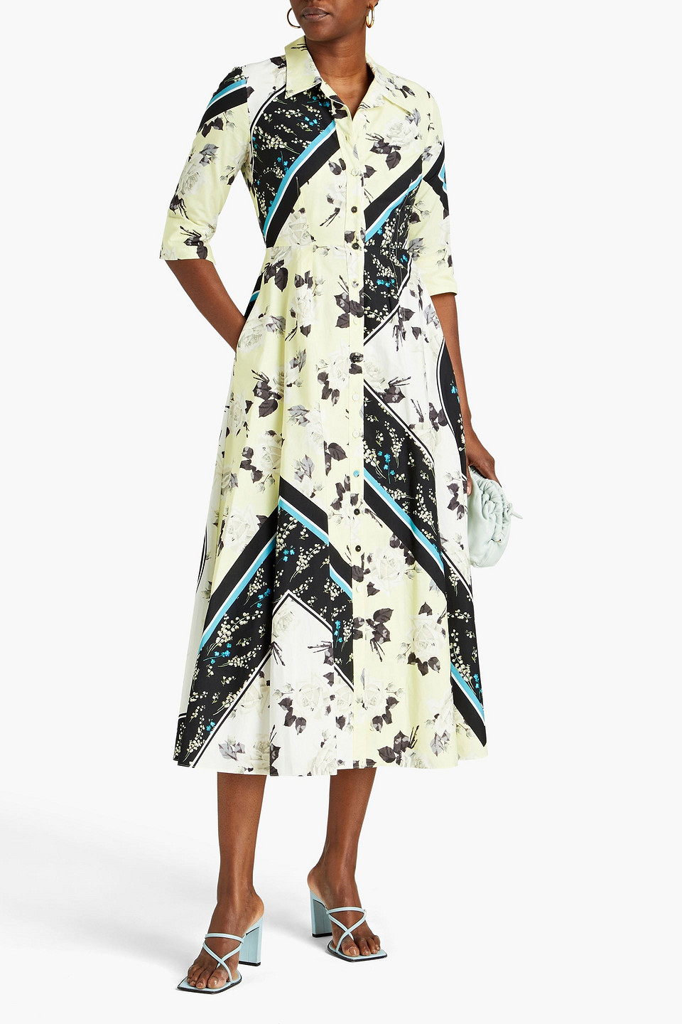 Shop Erdem Kasia Pleated Printed Cotton-poplin Midi Shirt Dress In Pastel Yellow