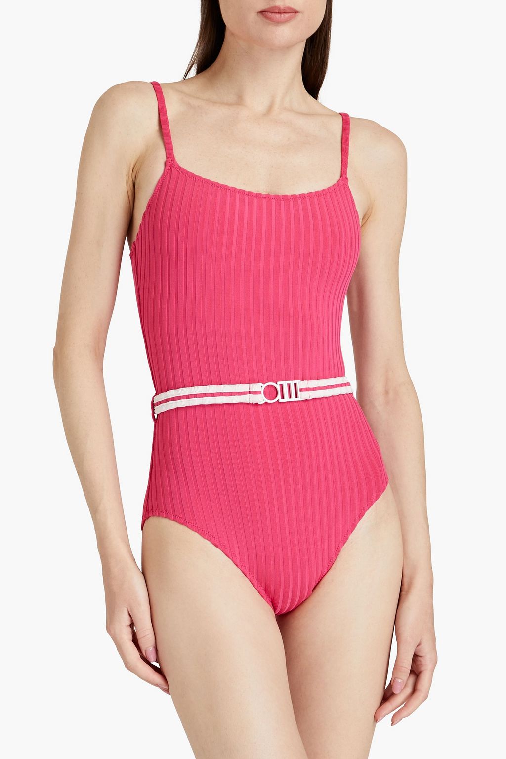 SOLID & STRIPED لباس سباحة ’ذا نينا’ من نسيج معاد تدويره بتصميم مضلع مزود بحزام