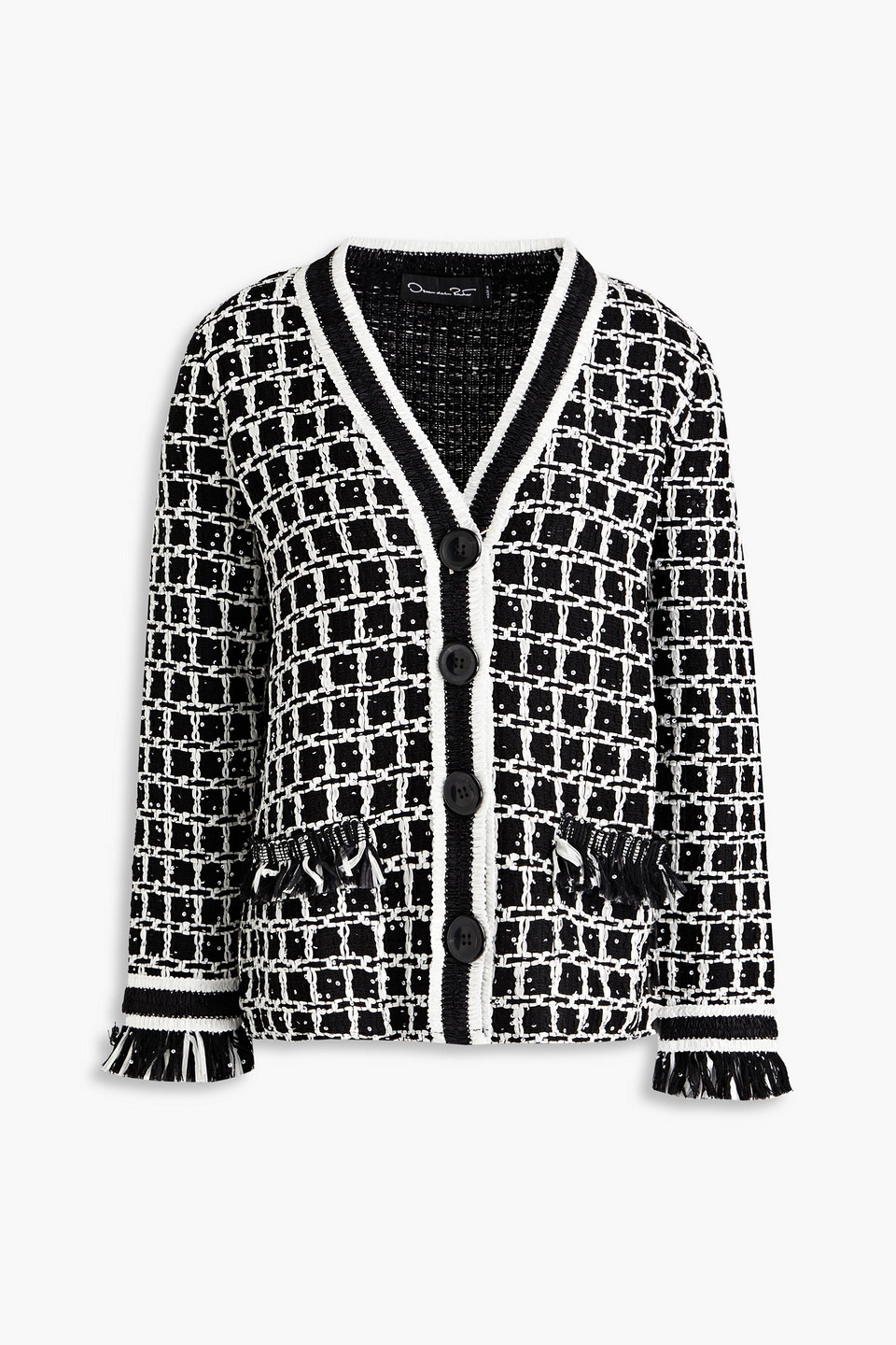 Oscar De La Renta Embellished Checked Wool-blend Tweed Jacket In Black