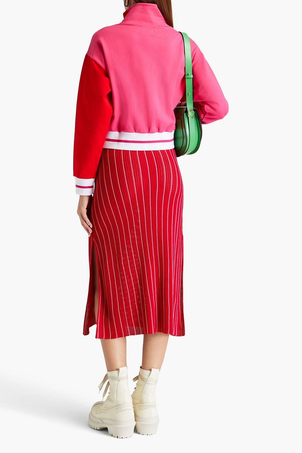 SOLID & STRIPED تنورة متوسطة الطول من نسيج محبوك بنمط البوينتيل وبتصميم مضلع ومخطط