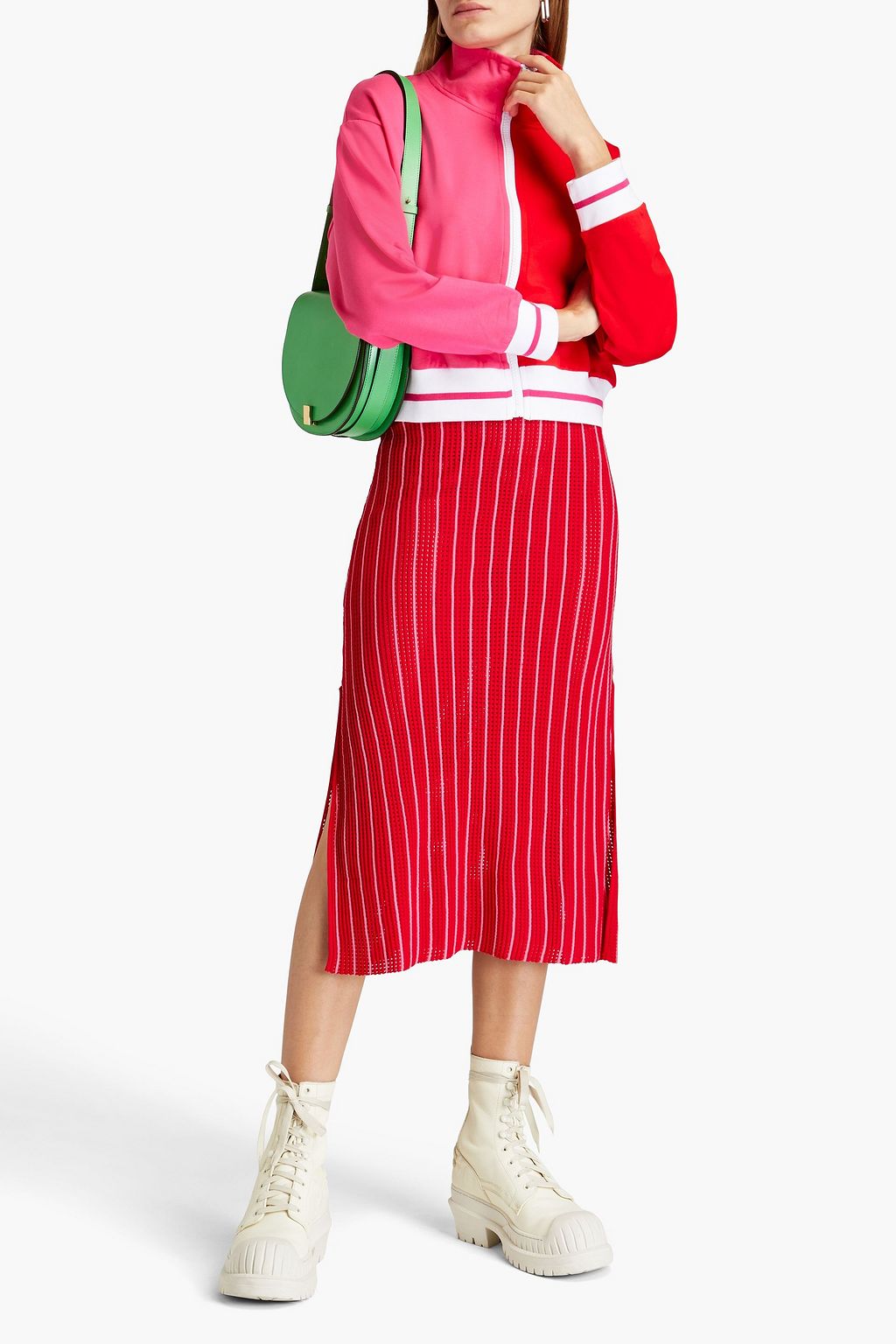 SOLID & STRIPED تنورة متوسطة الطول من نسيج محبوك بنمط البوينتيل وبتصميم مضلع ومخطط