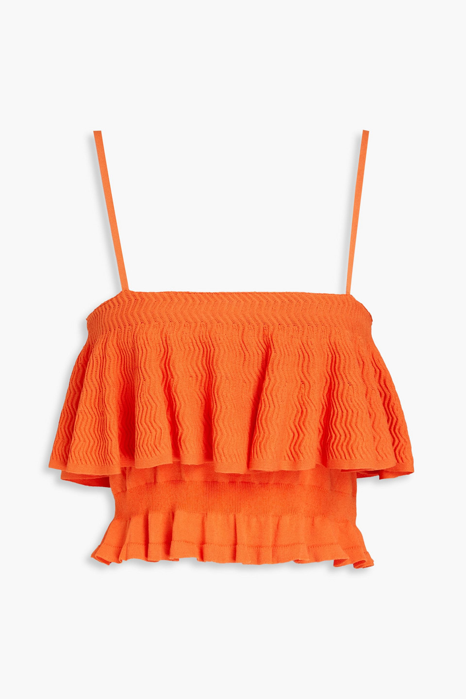 Solid & Striped Cropped Ruffled Crochet-knit Top In Bright Orange