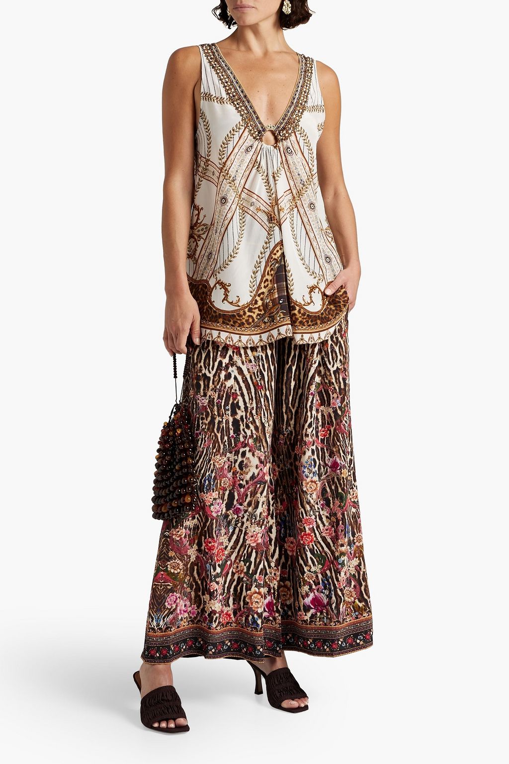 CAMILLA Crystal-embellished printed silk crepe de chine wide-leg pants