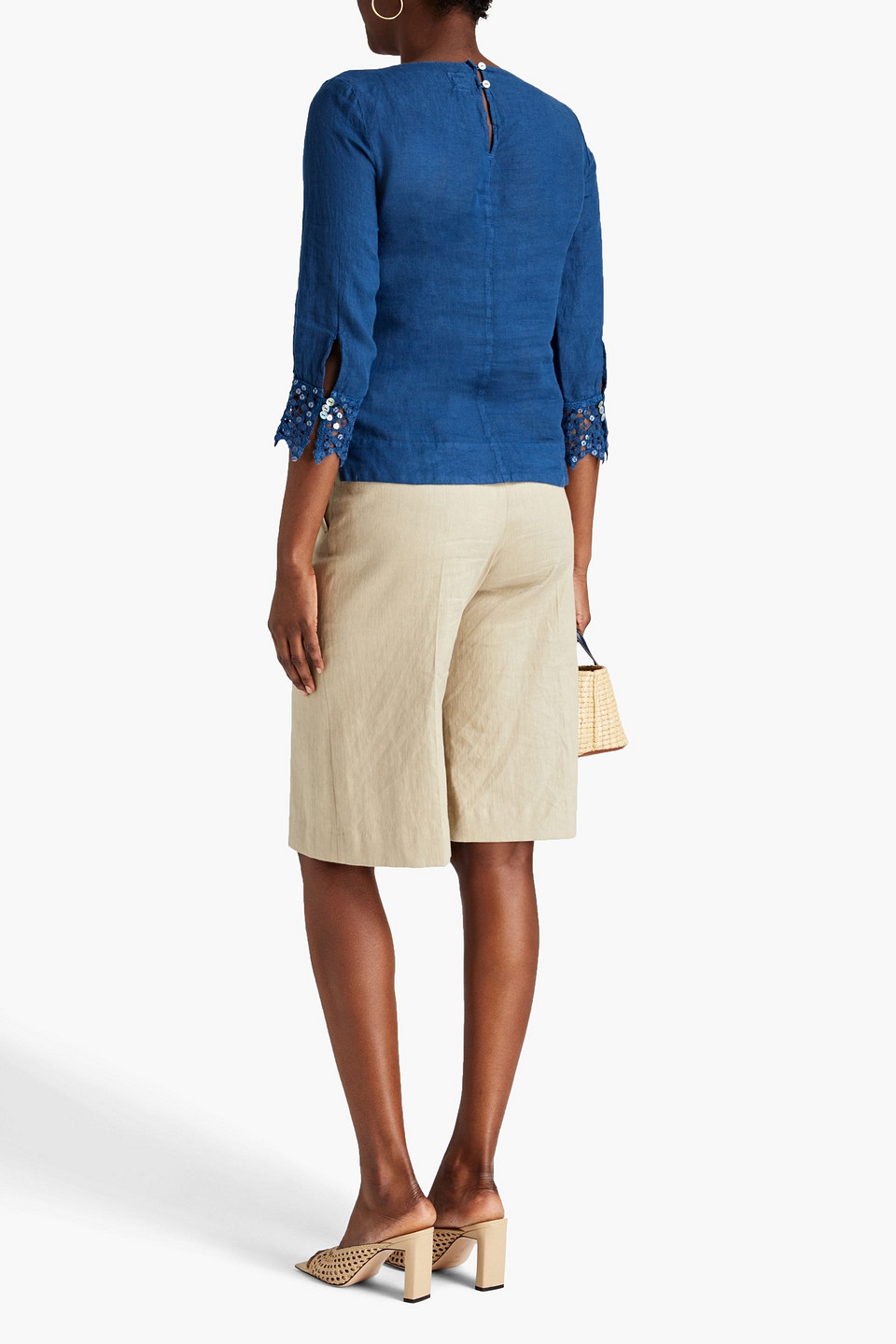 120% Sequin-embellished Pintucked Linen Top In Navy