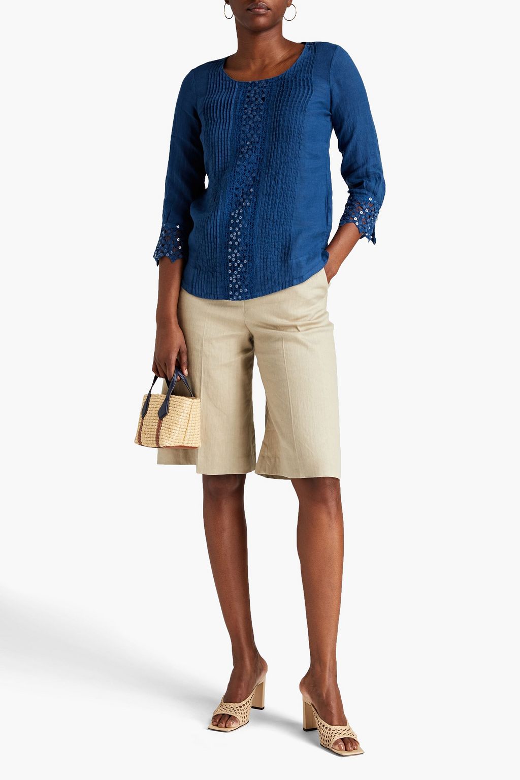 120% LINO Sequin-embellished pintucked linen top