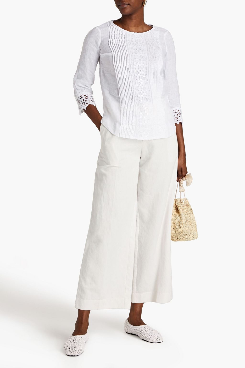 120% LINO Sequin-embellished pintucked linen top