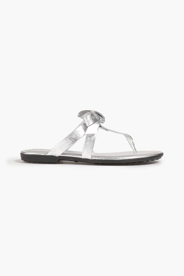 Bow-embellished metallic leather sandals
