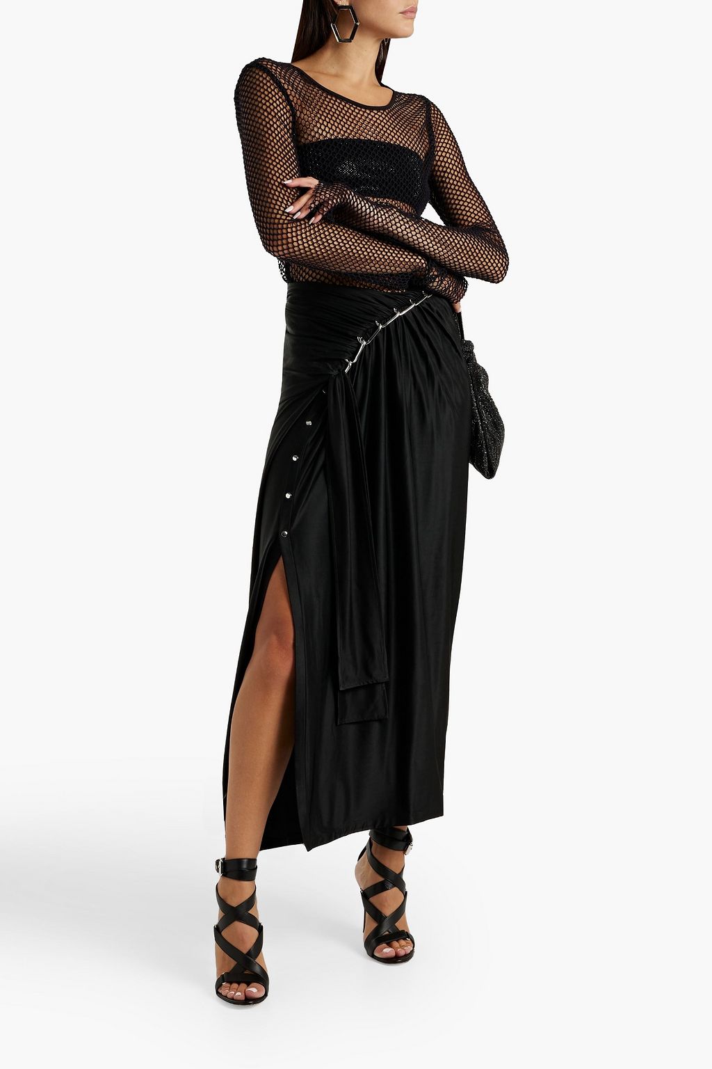 RABANNE Chain-trimmed ruched stretch-jersey maxi skirt