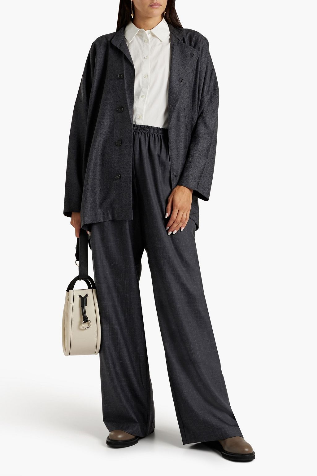 ESKANDAR Slub wool, silk and linen-blend wide-leg pants