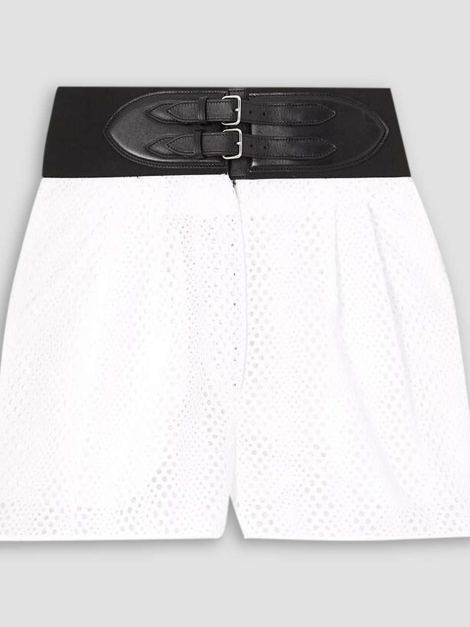 belted leather-trimmed broderie anglaise poplin shorts