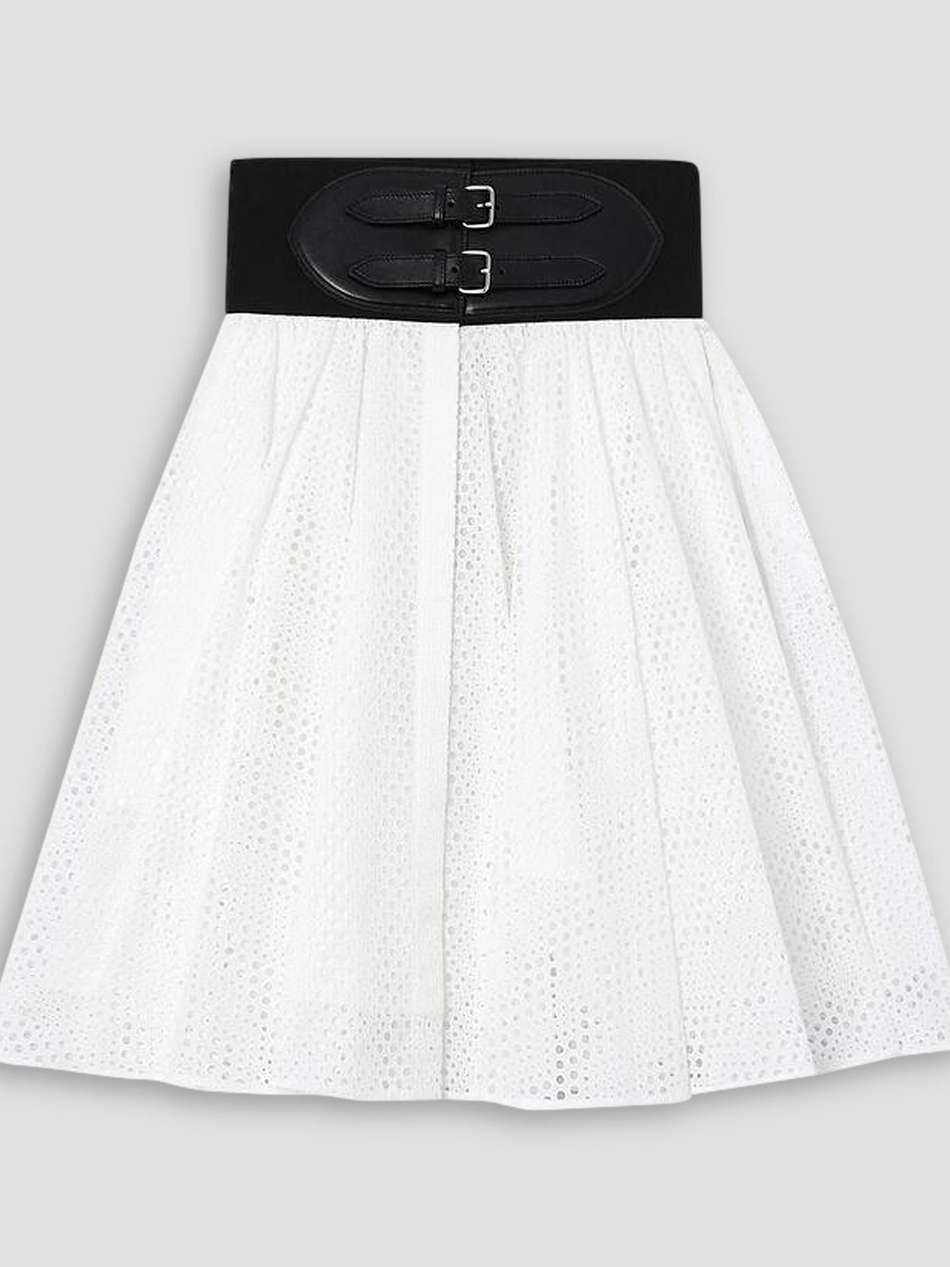 laser-cut leather-trimmed broderie anglaise cotton mini skirt