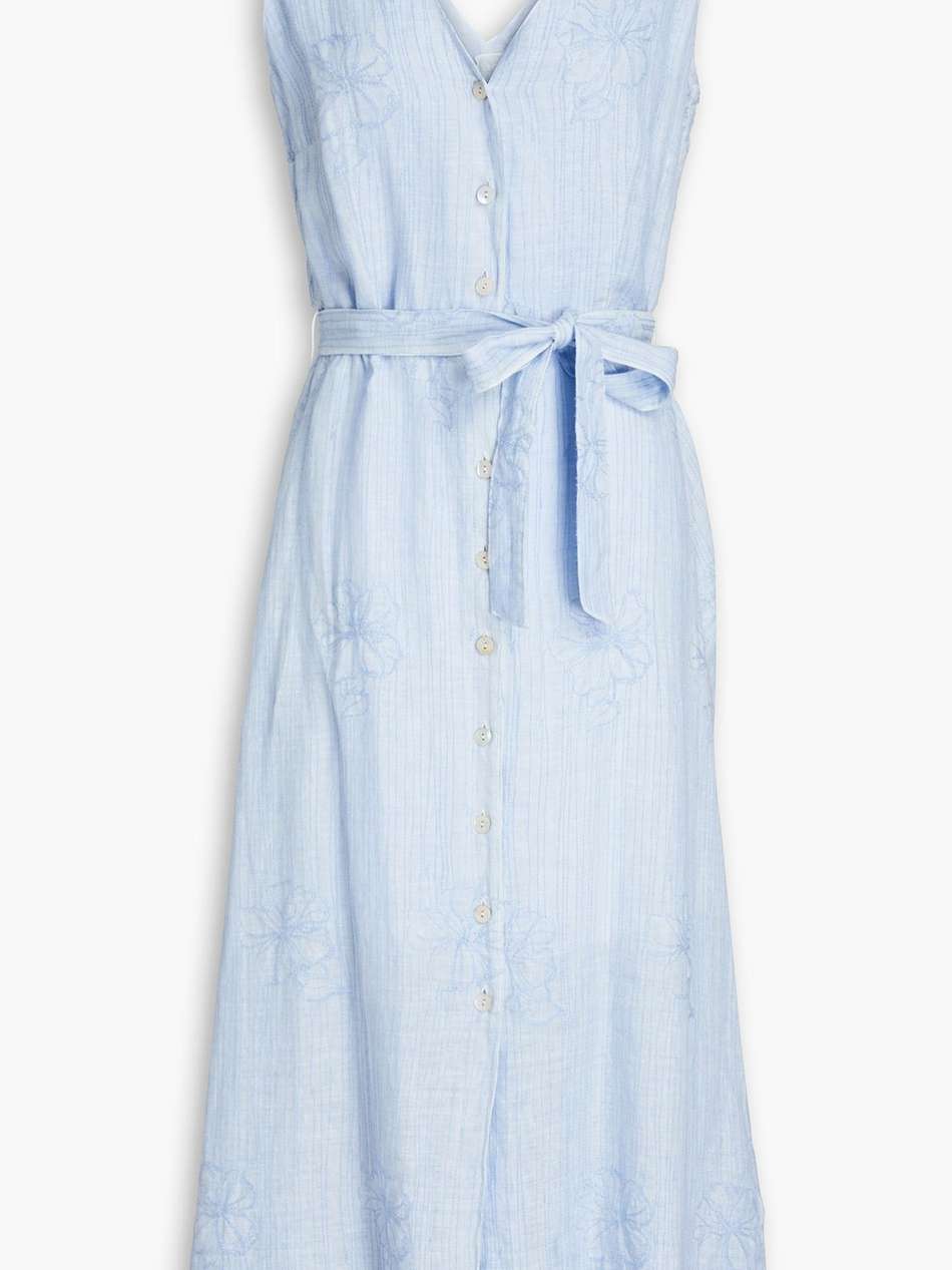 belted embroidered linen midi dress
