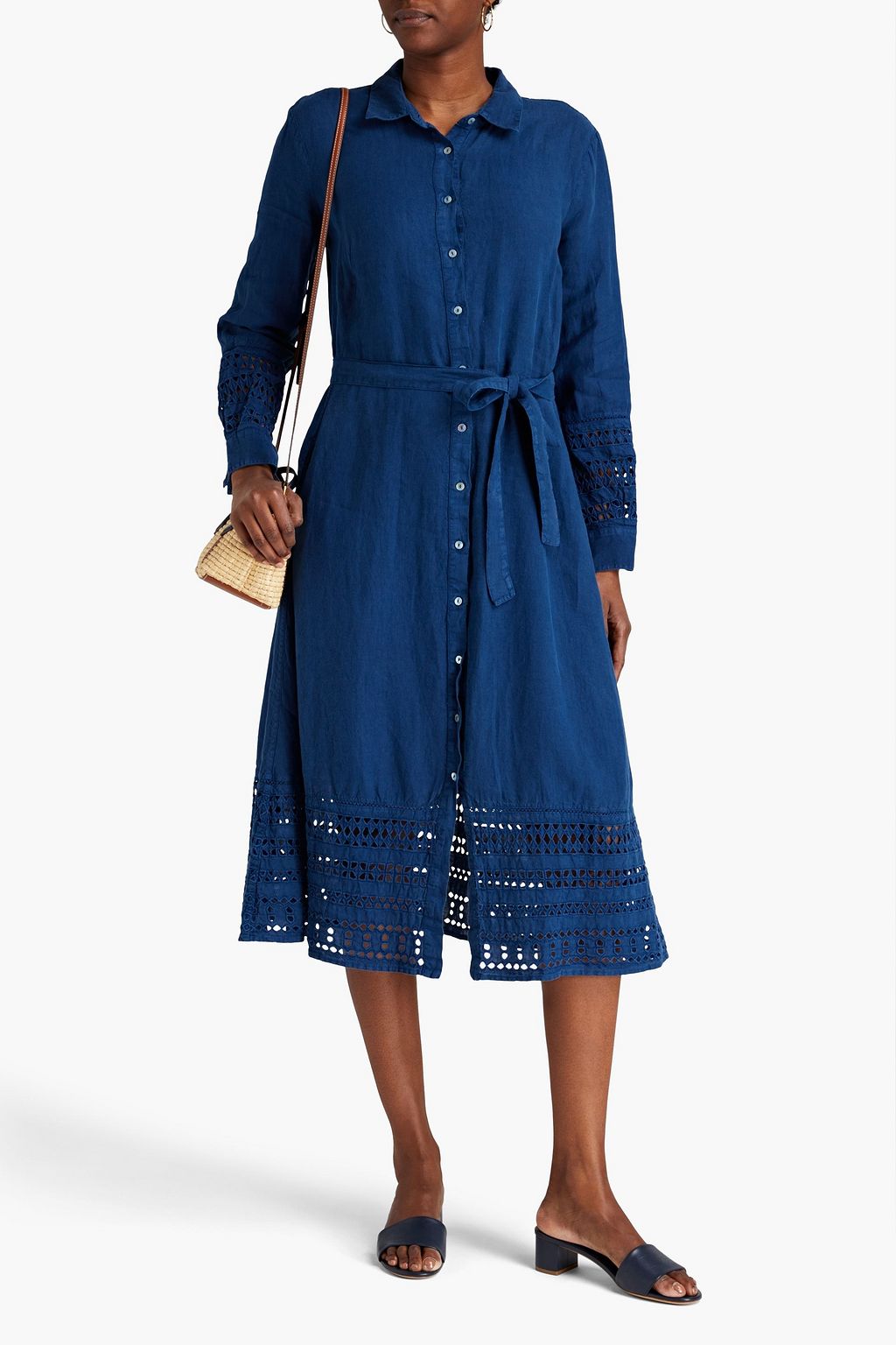 120 LINO Broderie anglaisetrimmed linen midi shirt dress Sale up to