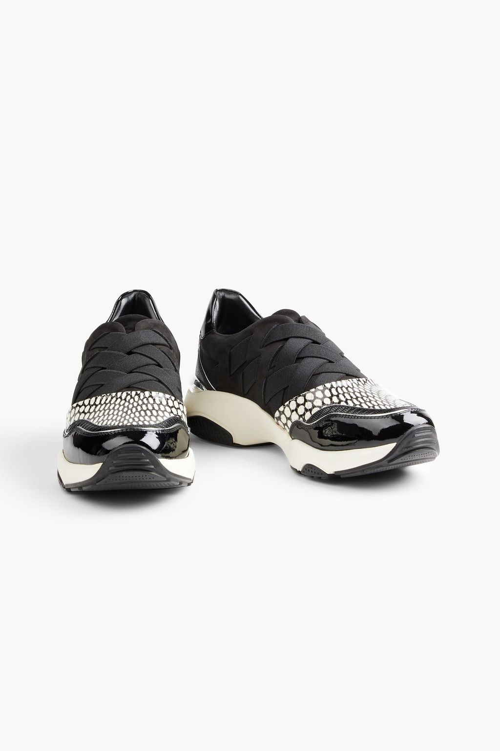 FERRAGAMO Snake-effect leather and nubuck slip-on sneakers
