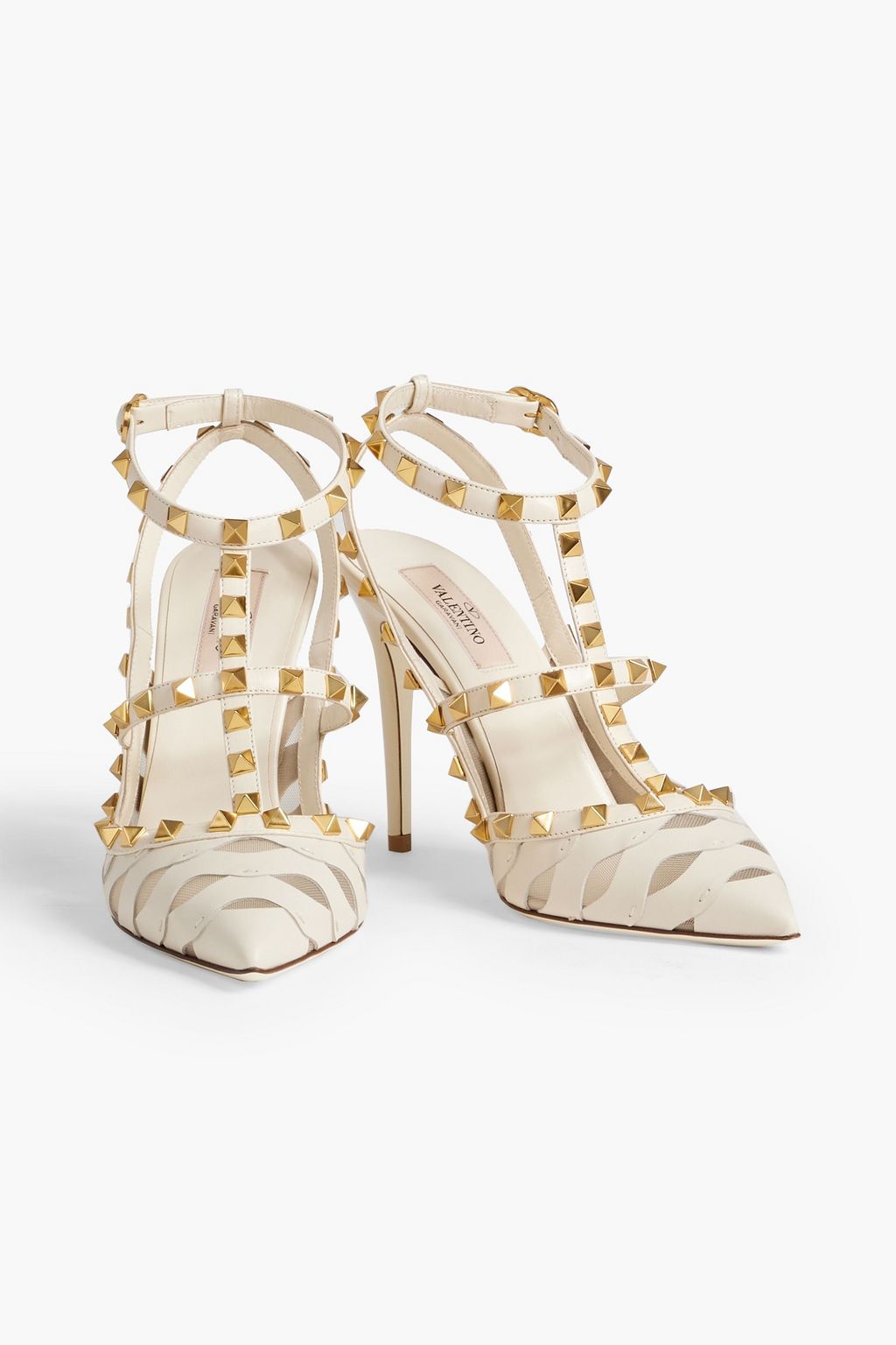 VALENTINO GARAVANI Rockstud laser-cut leather and mesh pumps