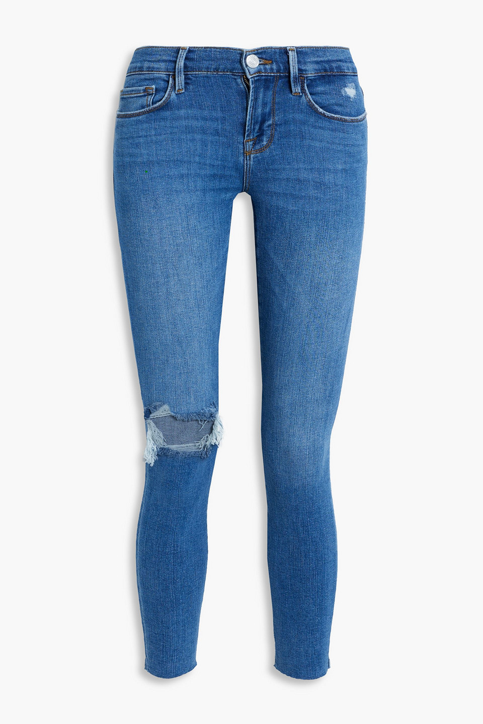 Frame Le Skinny De Jeanne Cropped Distressed Mid-rise Skinny Jeans In Mid Denim