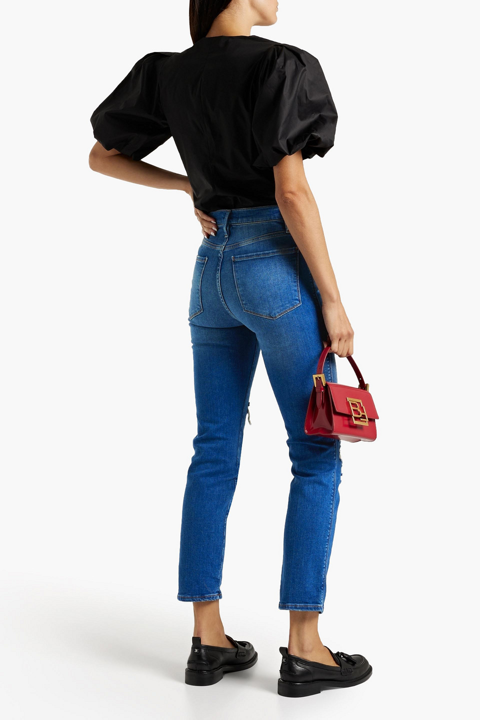 Shop Frame Le Sylvie Slender Distressed High-rise Slim-leg Jeans In Mid Denim