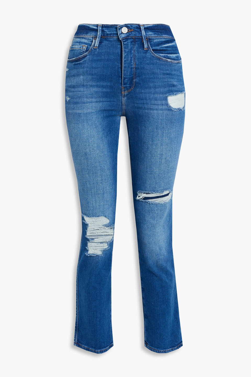 Shop Frame Le Sylvie Slender Distressed High-rise Slim-leg Jeans In Mid Denim