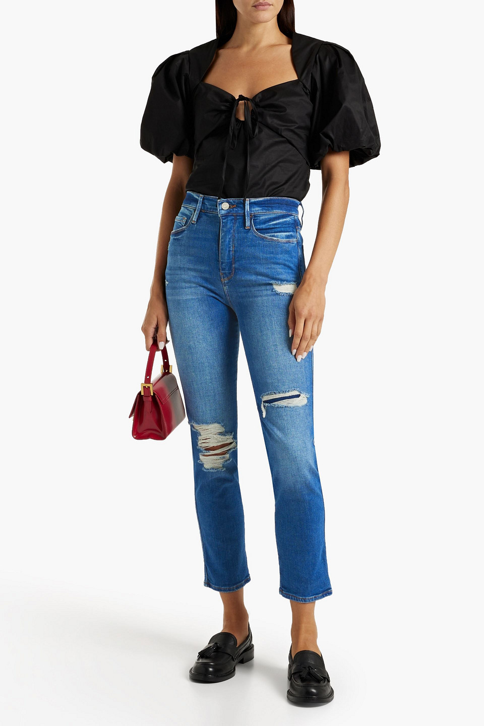 Shop Frame Le Sylvie Slender Distressed High-rise Slim-leg Jeans In Mid Denim