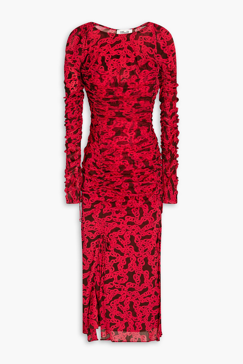 Diane Von Furstenberg Corrine Ruched Printed Mesh Midi Dress In Crimson