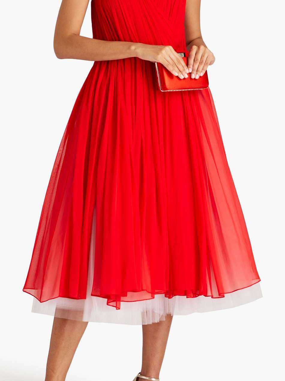 strapless plissé silk-chiffon and tulle midi dress