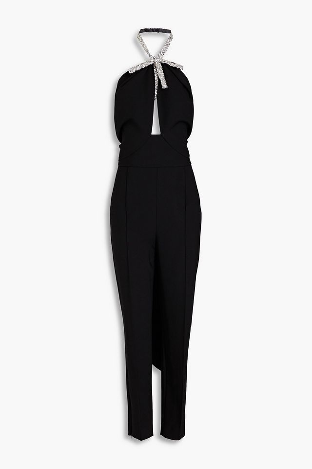 Embellished wool-blend halterneck jumpsuit