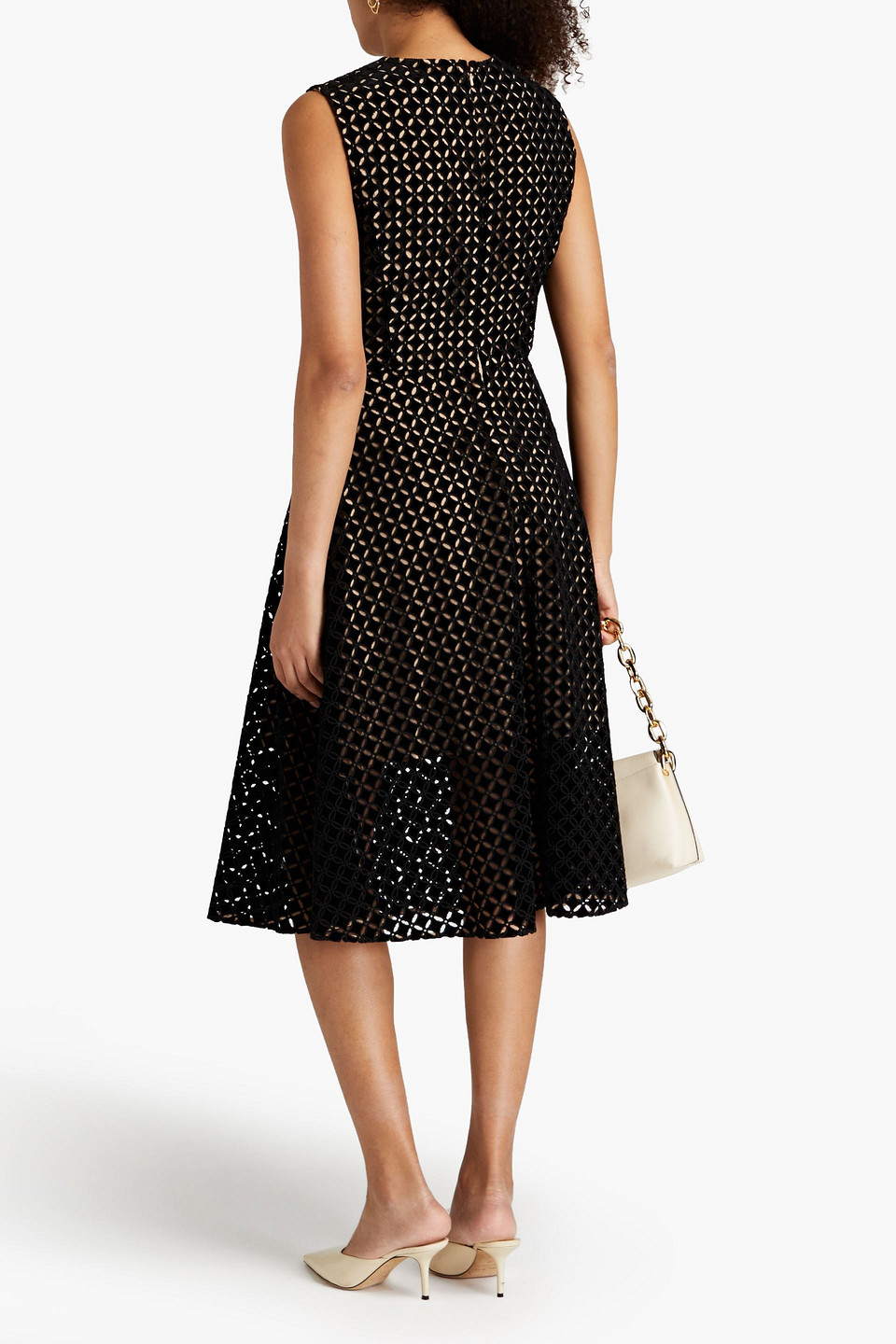 OSCAR DE LA RENTA BRODERIE ANGLAISE VELVET MIDI DRESS