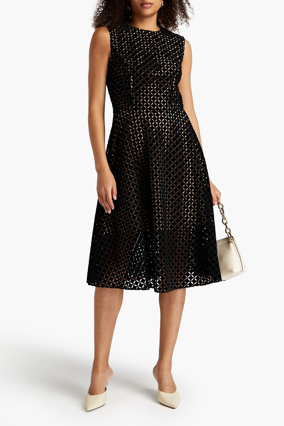 OSCAR DE LA RENTA BRODERIE ANGLAISE VELVET MIDI DRESS