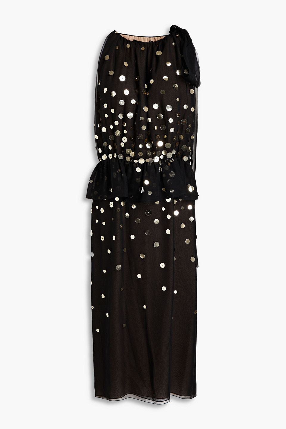 Oscar De La Renta Sequin-embellished Silk-voile Peplum Midi Dress In Black  | ModeSens