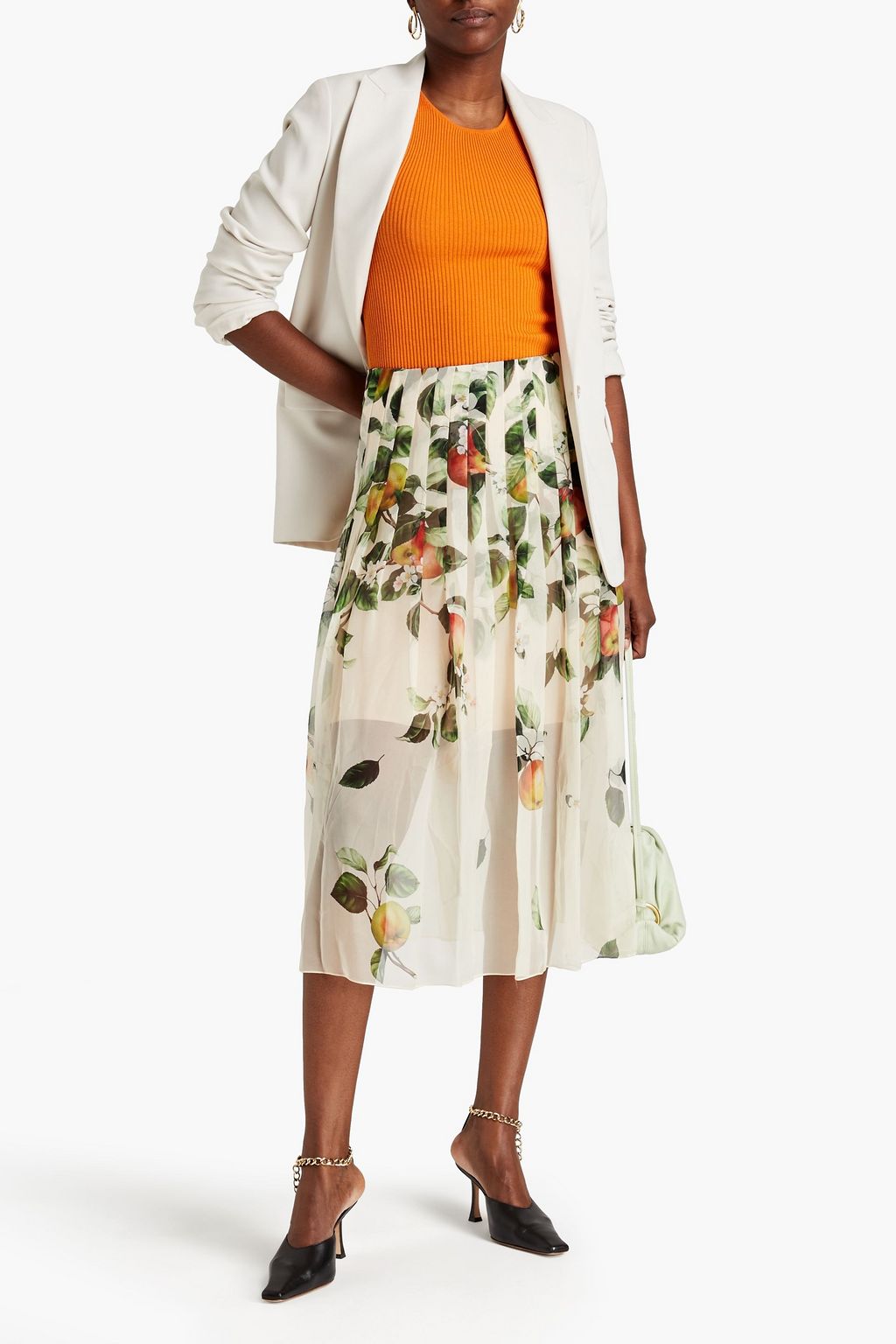 OSCAR DE LA RENTA Pleated printed silk-chiffon midi skirt
