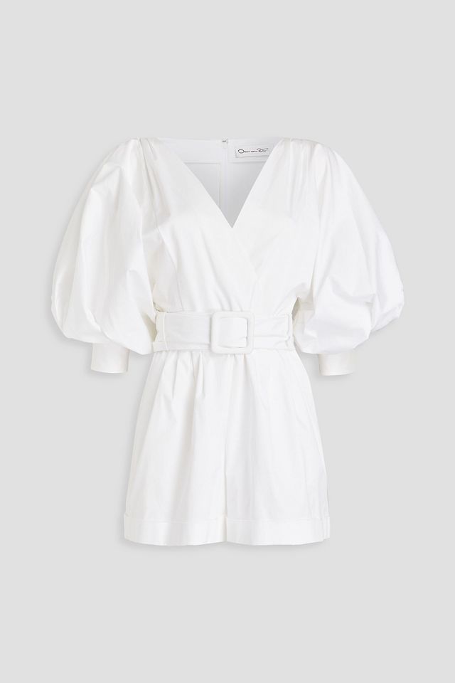 Wrap-effect cotton-blend twill playsuit