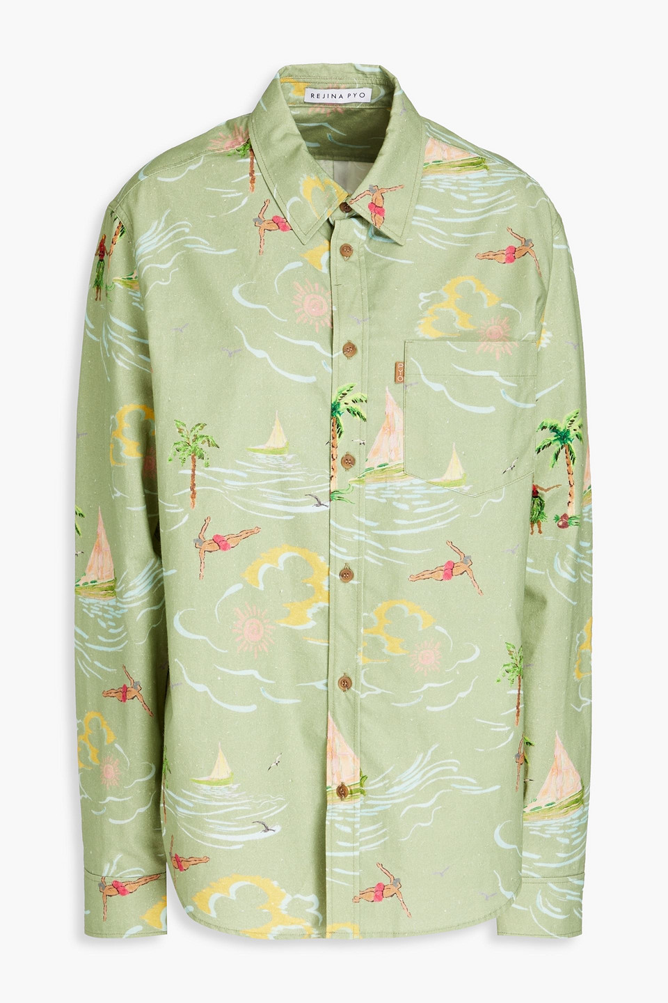 Rejina Pyo Turner Printed Cotton-blend Poplin Shirt In Green