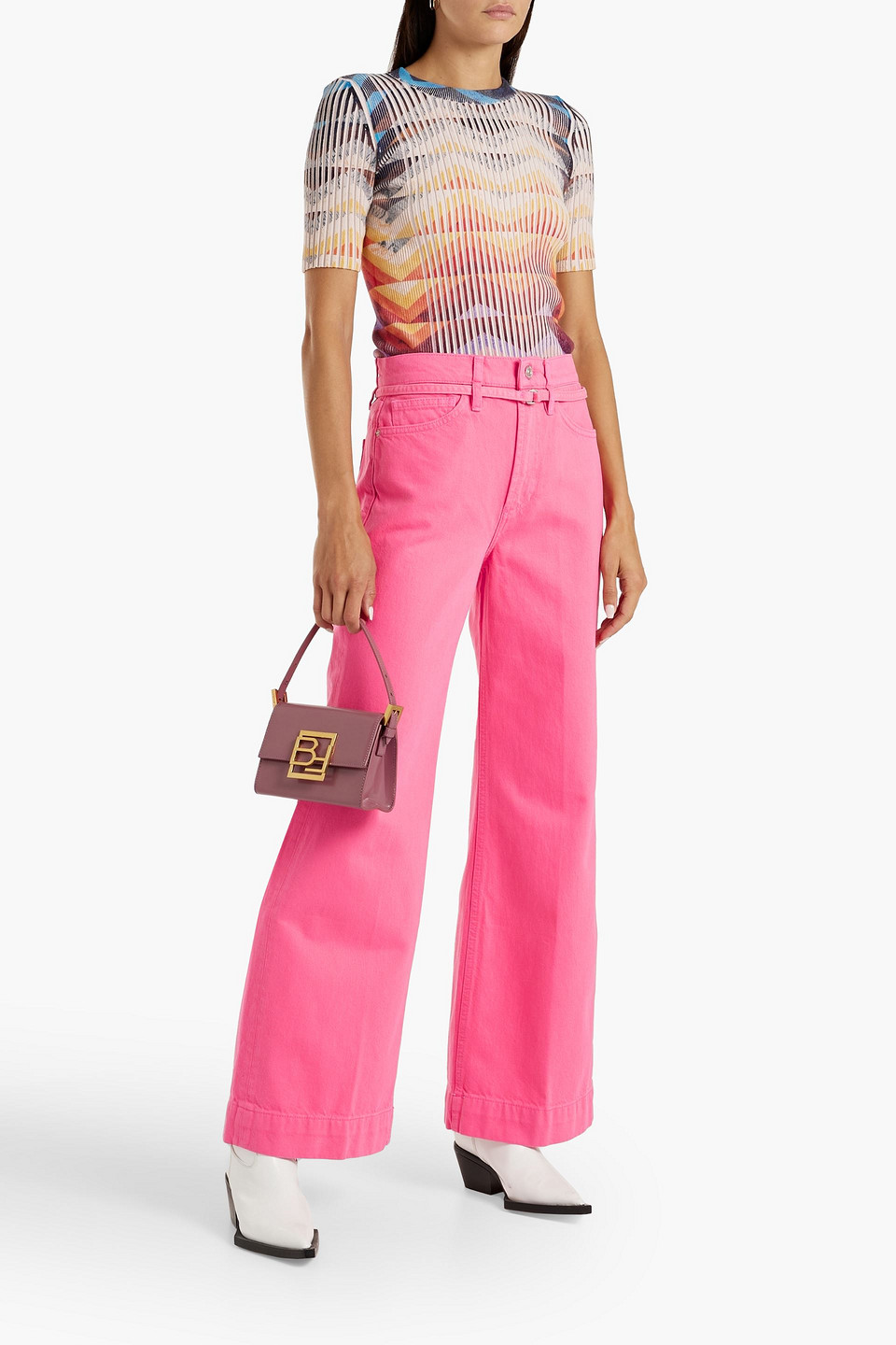 Shop Frame Belted High-rise Wide-leg Jeans In Pink