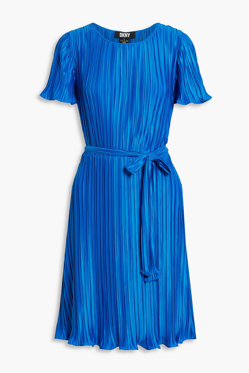 Belted plissé-satin dress