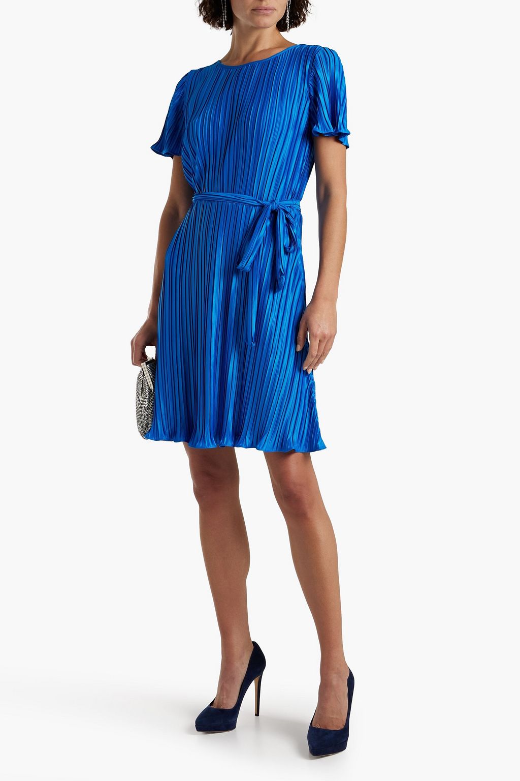 DKNY Belted plissé-satin dress