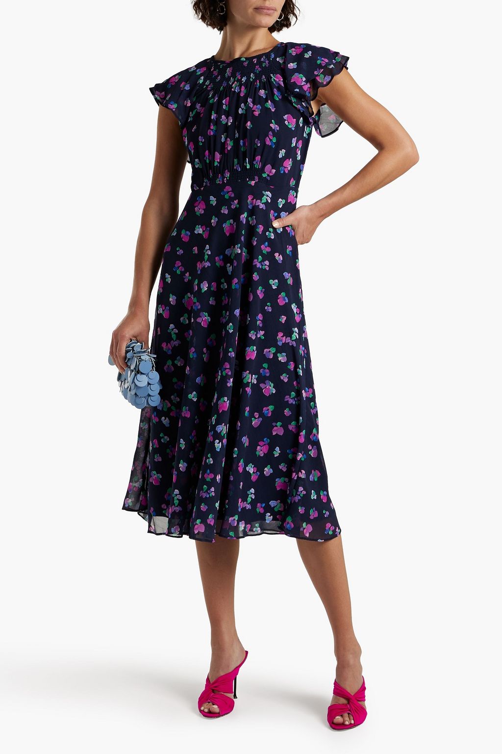 DKNY Shirred floral-print georgette midi dress