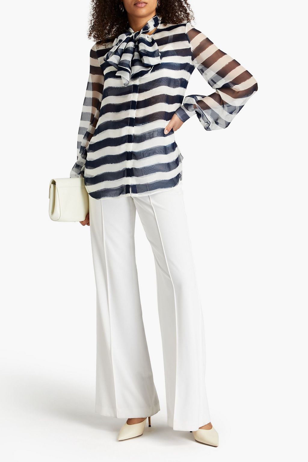 OSCAR DE LA RENTA Pussy-bow striped silk-voile blouse