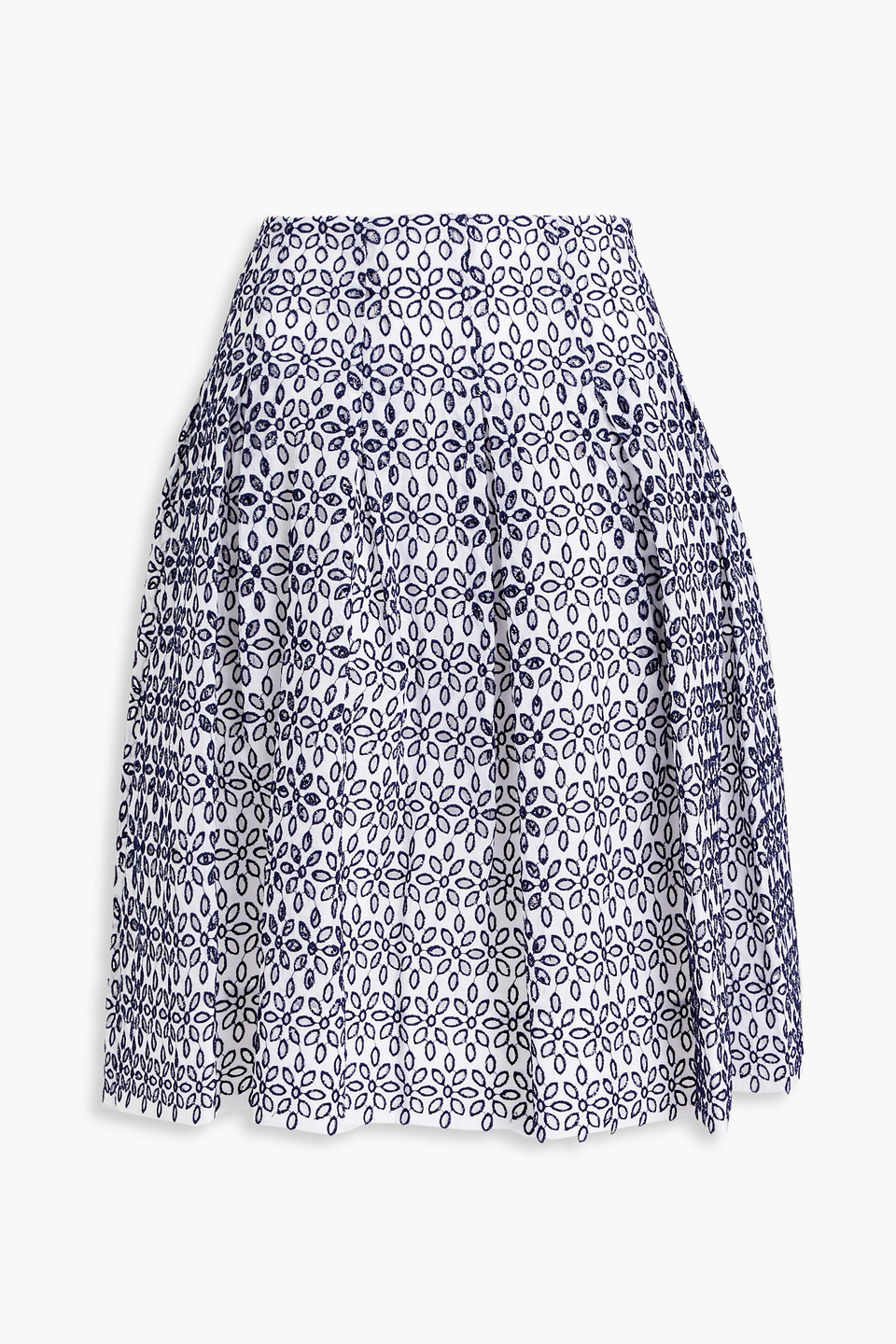 Oscar De La Renta Pleated Broderie Anglaise Cotton-blend Skirt In Navy