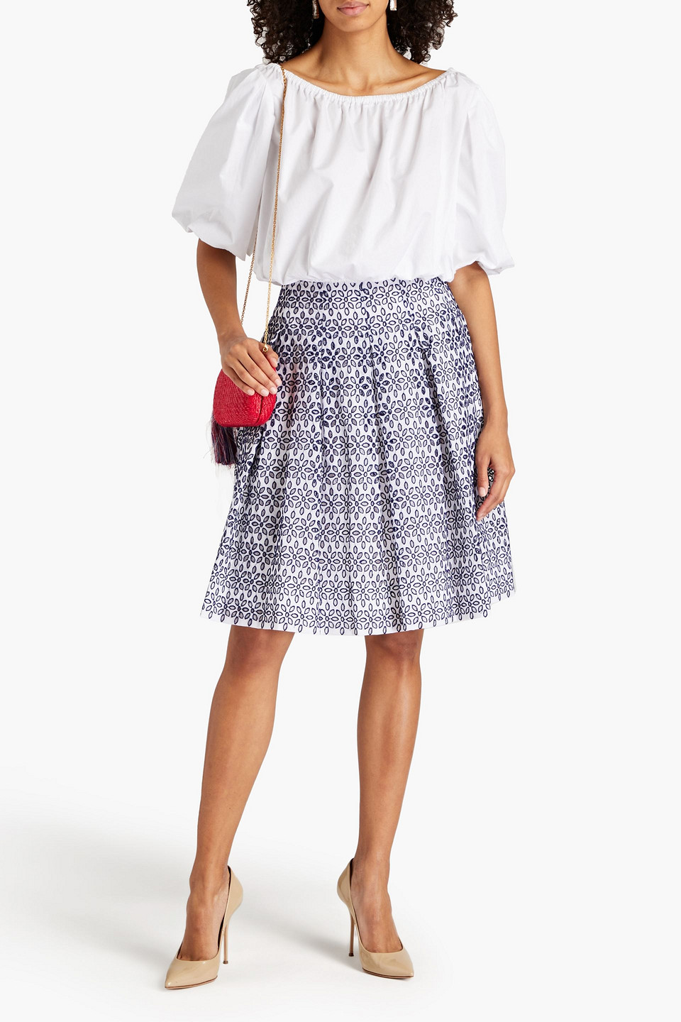 Shop Oscar De La Renta Pleated Broderie Anglaise Cotton-blend Skirt In Navy