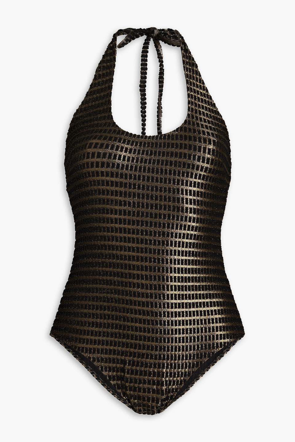 Lisa Marie Fernandez Amber Metallic Jacquard Halterneck Swimsuit In Brass