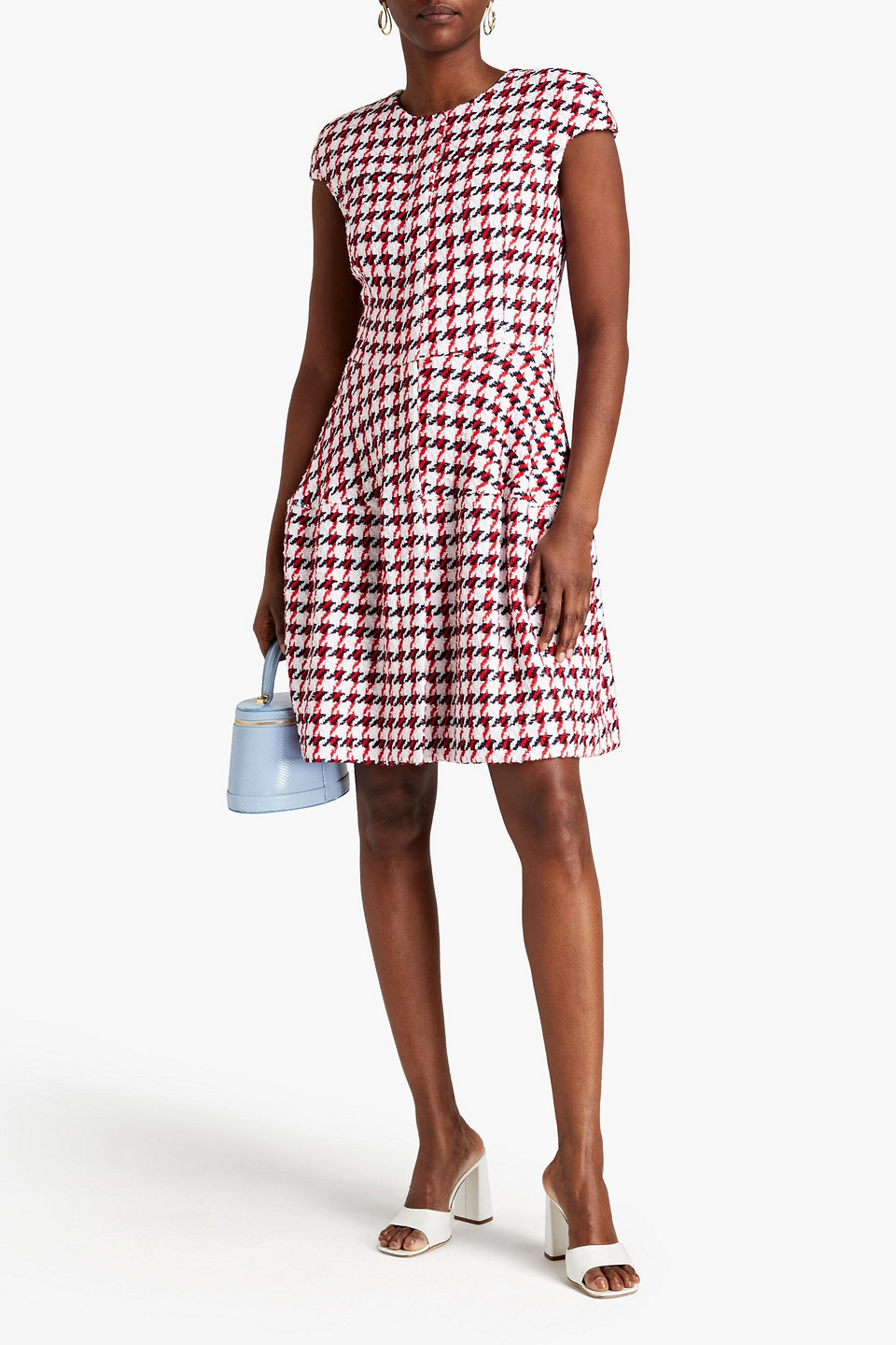 Shop Oscar De La Renta Houndstooth Cotton-blend Bouclé-tweed Dress In White