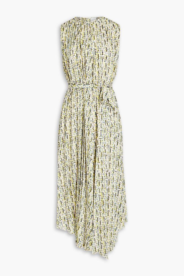 Gathered belted crepe midi dress