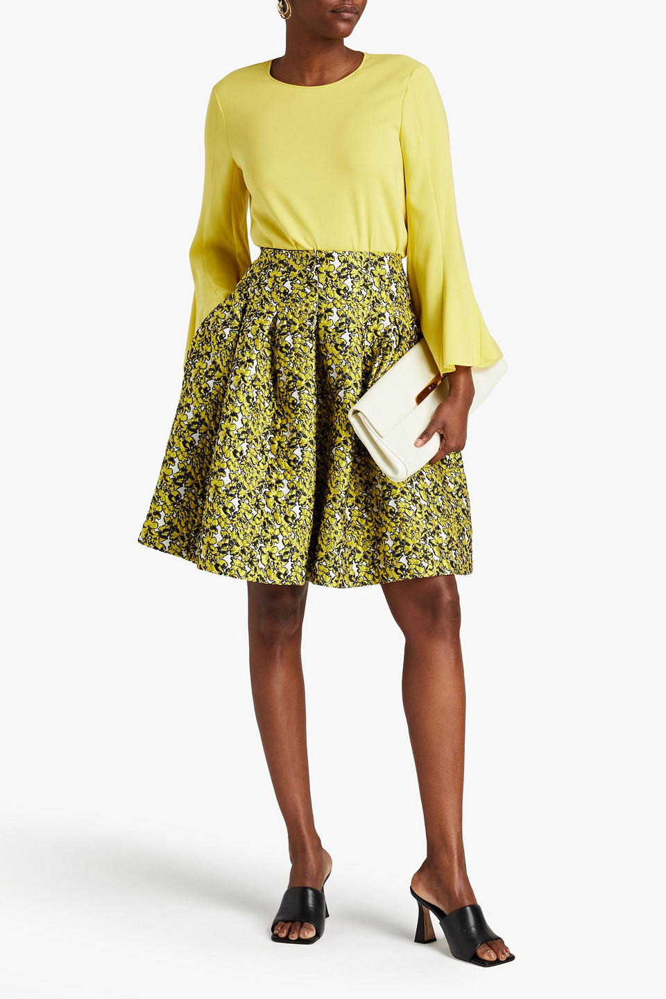 Shop Oscar De La Renta Pleated Cloqué Mini Skirt In Chartreuse