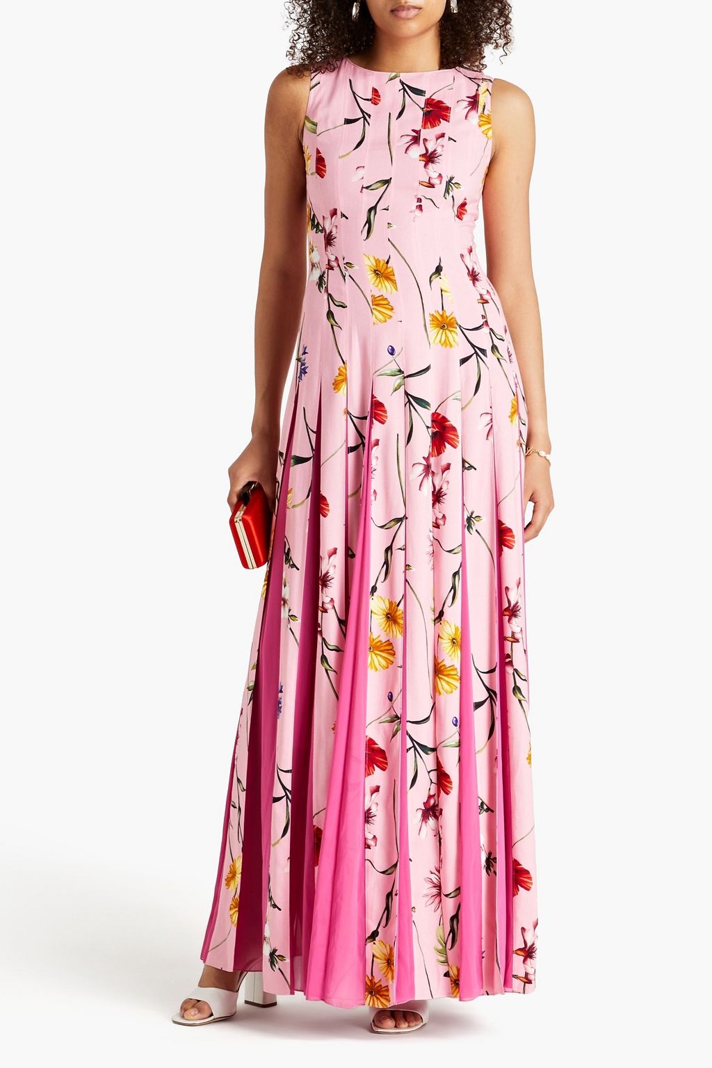 OSCAR DE LA RENTA Pleated floral-print cady maxi dress