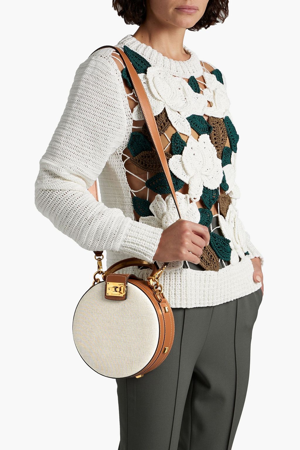 FERRAGAMO Studio leather-trimmed canvas shoulder bag