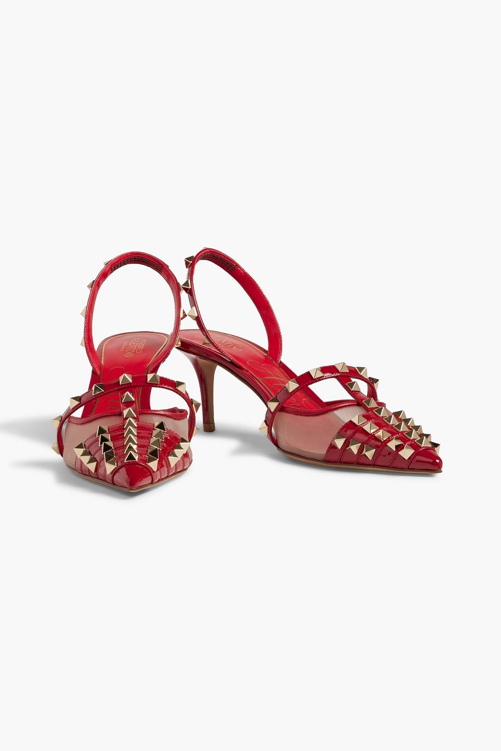 VALENTINO GARAVANI Rockstud Alcove mesh and patent-leather slingback pumps