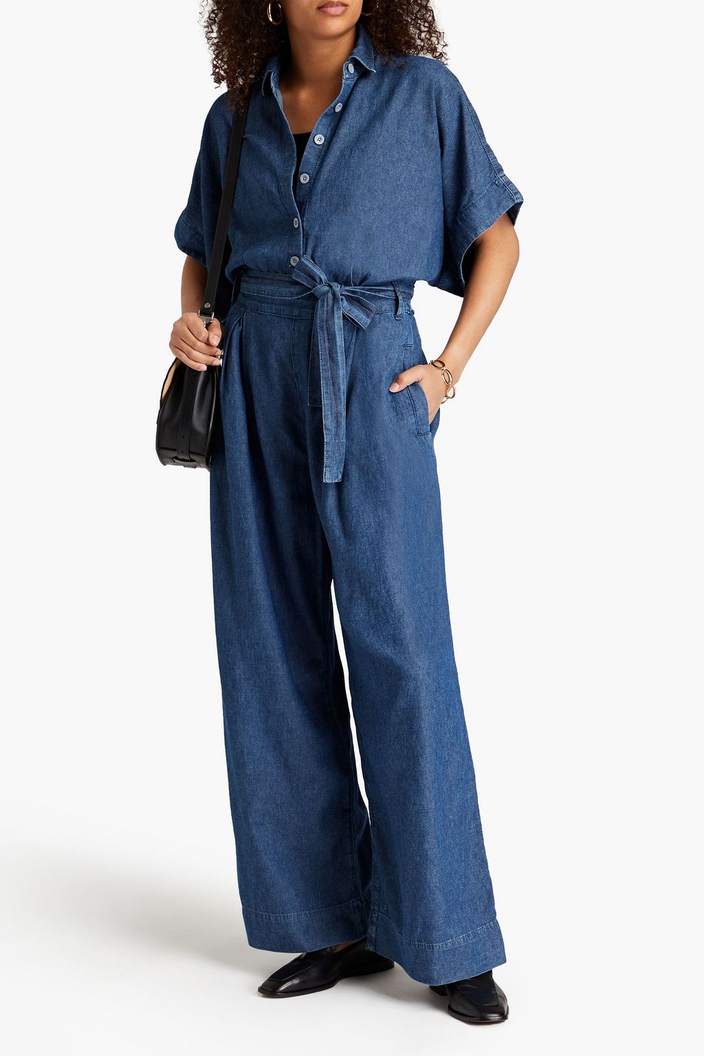 TRIARCHY Belted pleated denim wide-leg jumpsuit