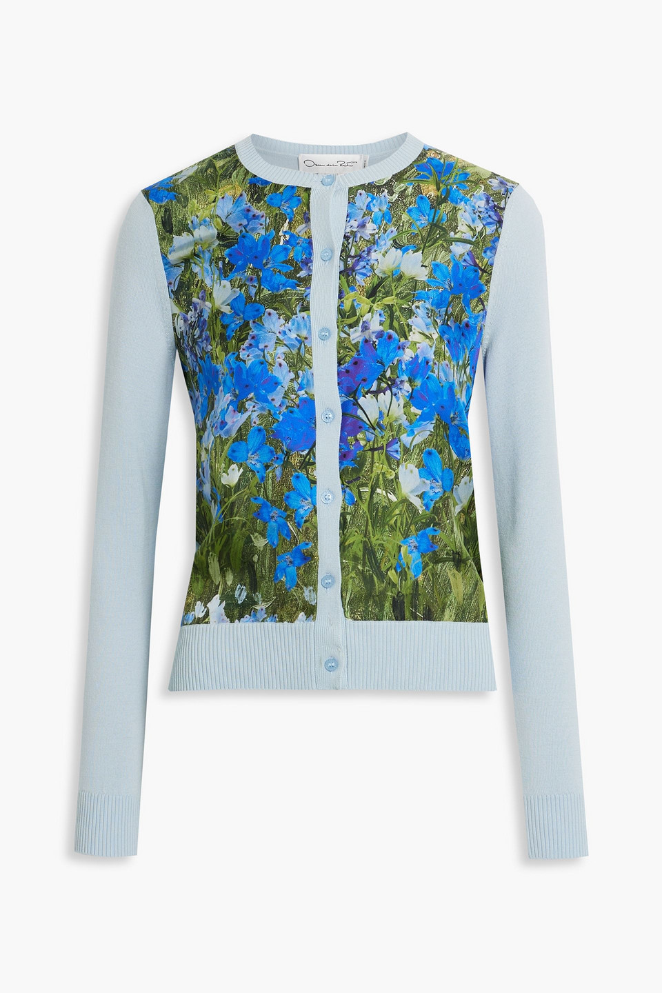 OSCAR DE LA RENTA FLORAL-PRINT SILK TWILL-PANELED WOOL CARDIGAN,3074457345633680126